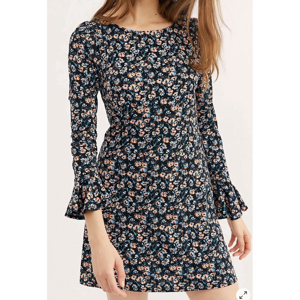 Free People Women's Black Say Hello Long Sleeve‎ Floral Mini Dress Sz M New $108